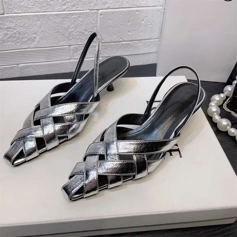 Gold woven retro hollow out stiletto sandals with high heels