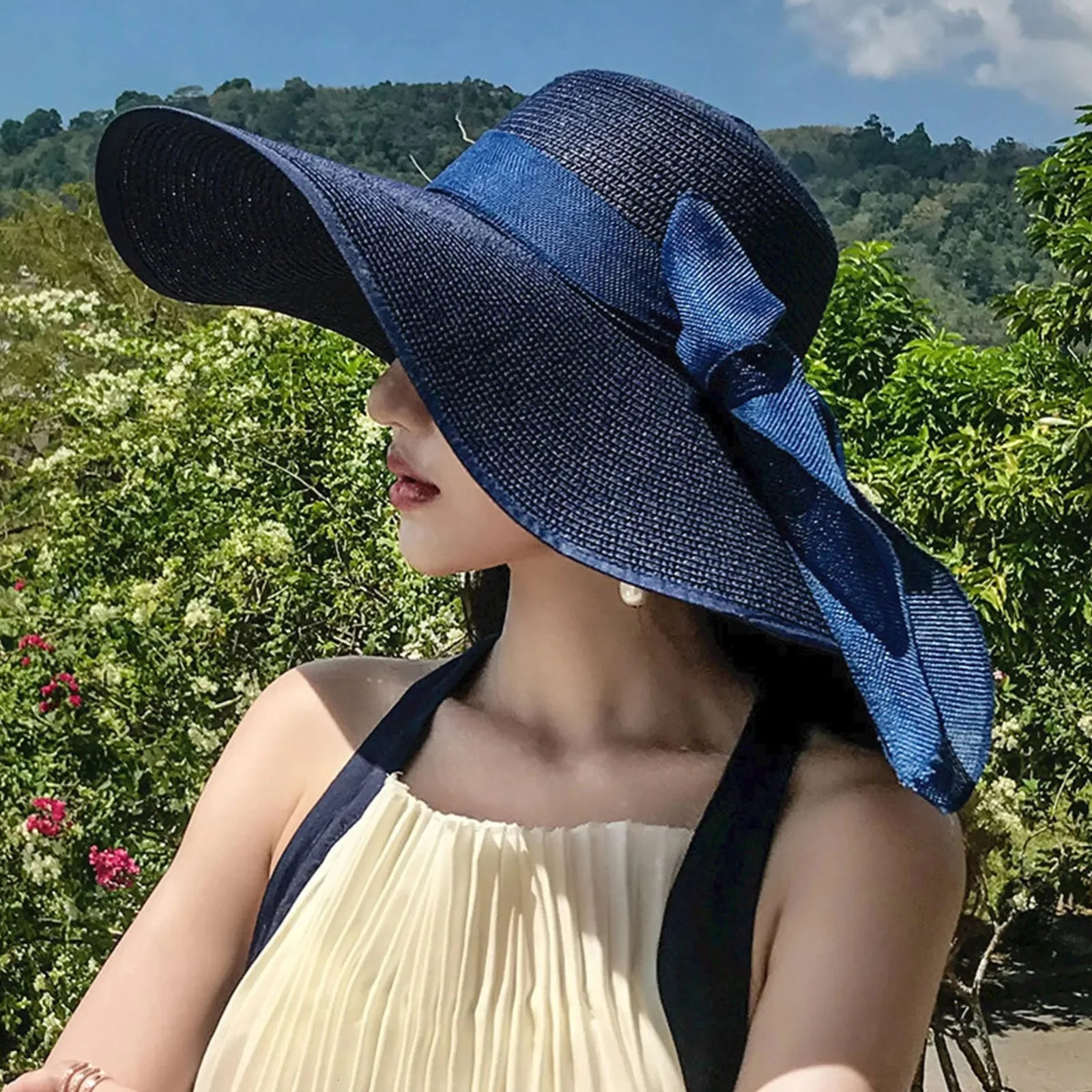 Summer Elegant Beach Sunshade Straw Hat Womens Beach Vacation Sunscreen Knitted Hat Beach Bowknot Wide Brim Floppy Panama Hats 250326