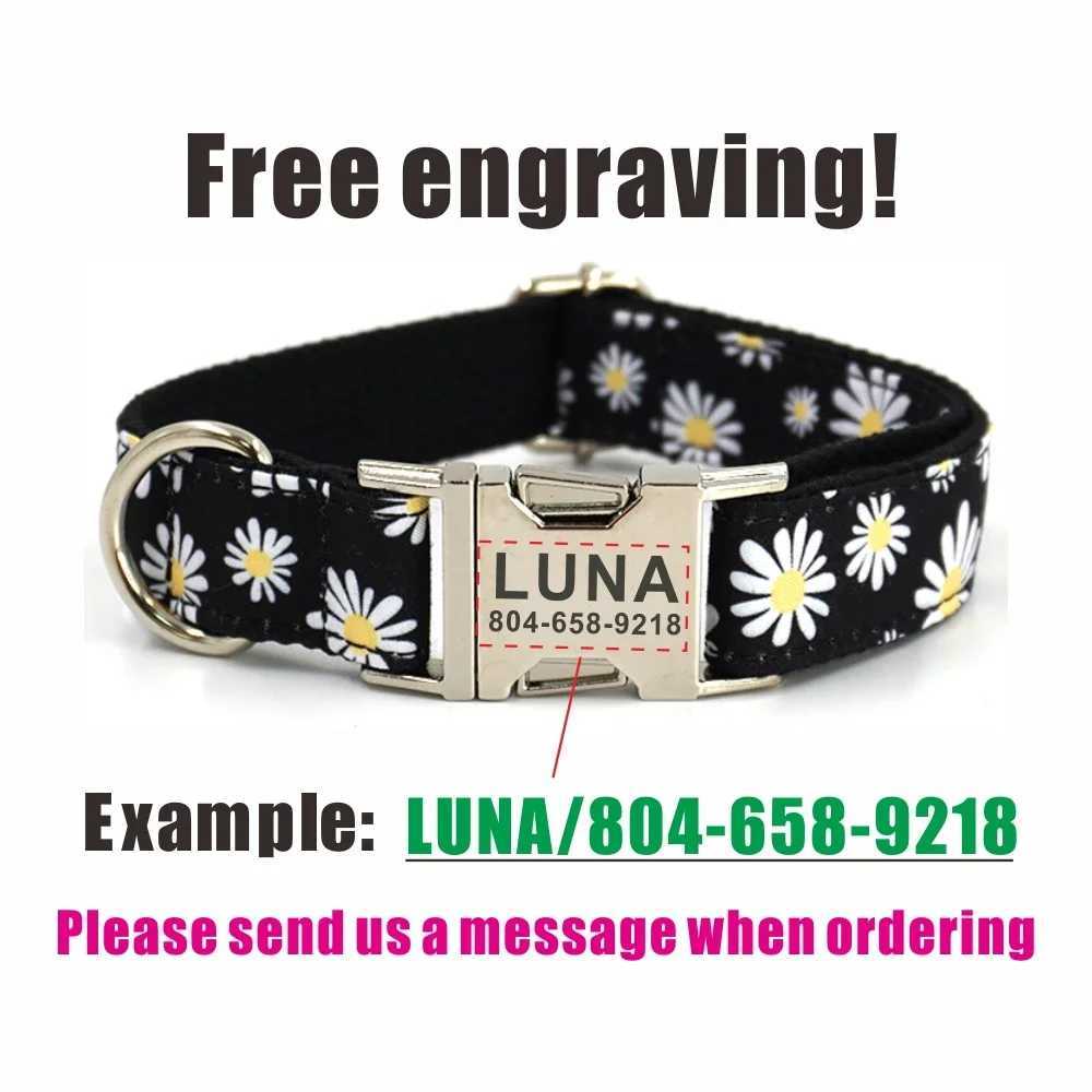 Personalized pet collar customized puppy name tag adjustable buckle strong black chrysanthemum basic collar lead strap X250326