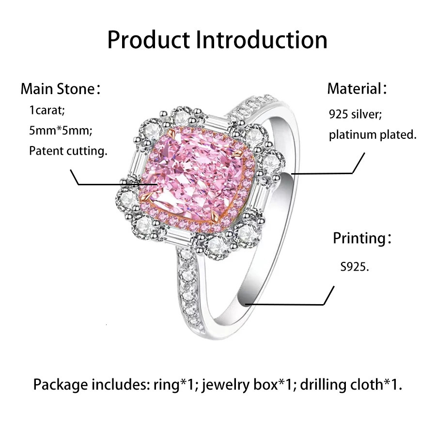 ForHer 925 sterling silver ring zircon pink diamond ring womens sparkling pad cutting high carbon diamond jewelry gift 250322