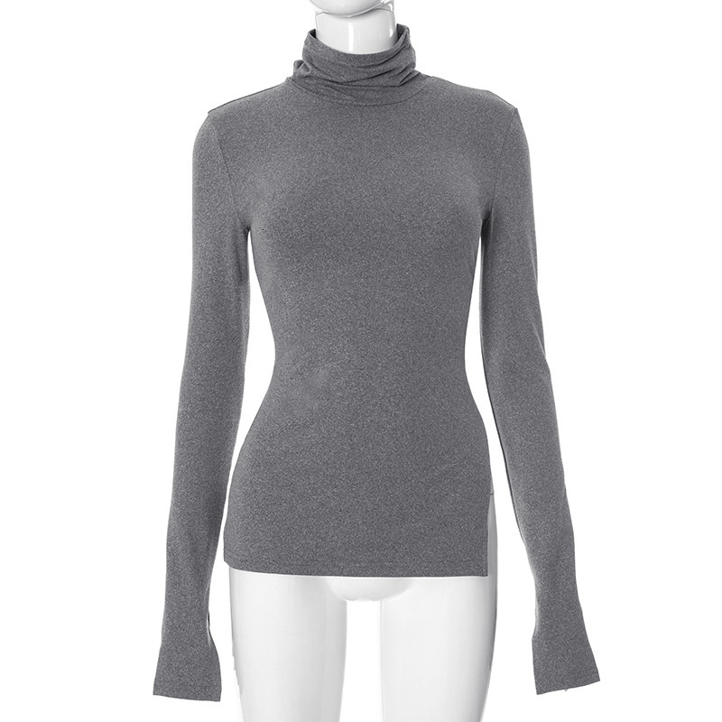 2025S Fashion Designer Q TP Women S Autumn Winter High Collar Bottom Solid Color Split Sleeve Waist Top T Shirt