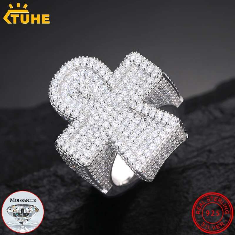 TUHE Unisex Hip Hop 925 Silver Cross Ring Moissanite Stone Iced Out Rings For Men Hip Hop Gifts