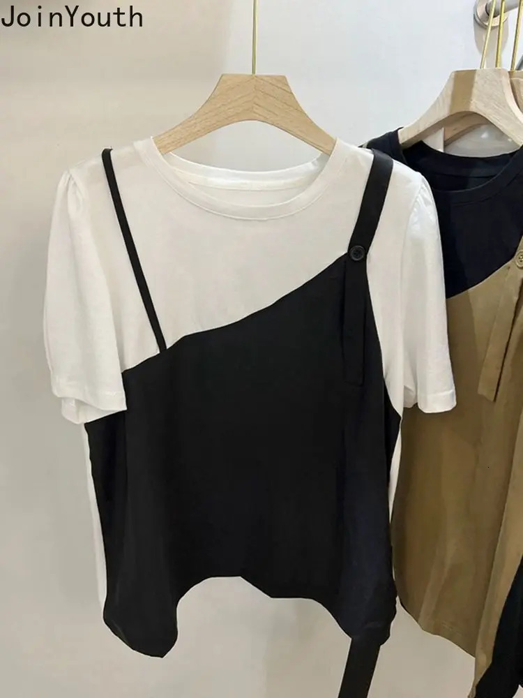 Women Clothes Oversized Woman Tshirts Patchwork Contrast Color Two Tees Womens Clothing Casual Fashion Vintage T-shirts 250321