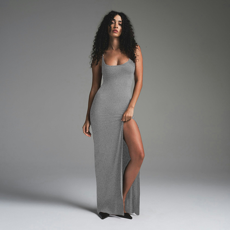 2025S Fashion Designer Y DS Style Women S Autumn And Winter Sexy Suspender Solid Color Backless Waist Cinched Slit Hip Hugging Dress