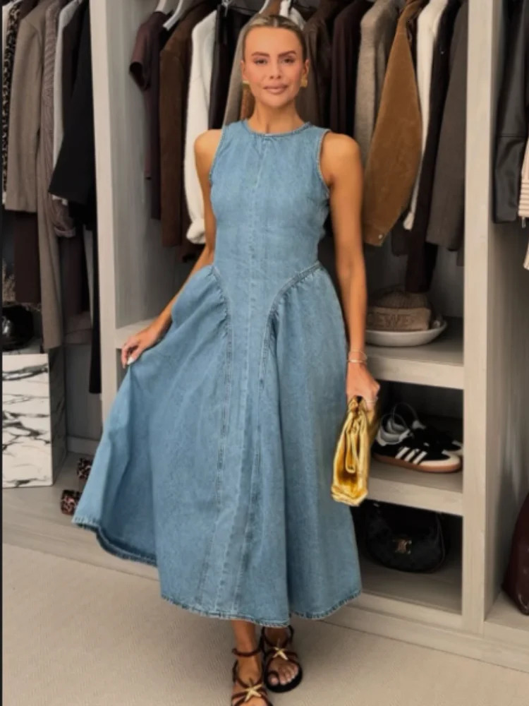 Sexy Women Backless Lace Up High Waisted Denim Dress Fashion O Neck Sleeveless A Line Dresses Spring Chic Lady Street Robes 250325