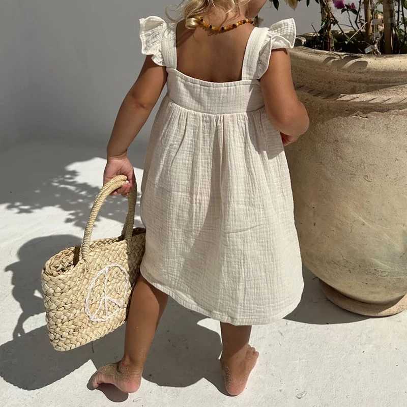 100% pure cotton plain weave girls white dress with lace summer new retro baby girl sleeveless ruffled shoulder straps Flowy princess dress TZ385 W250