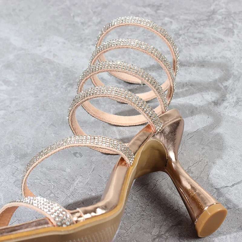 Fashion Women 2024 Summer New Crystal Snake Spring Shoes Ankle Around High Heels Stiletto Sexy Party Women's Sandals 9Cm