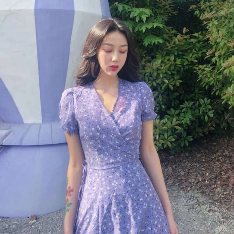 Summer Dresses ral Print Chiffon Evening Retro Long Beach Women Dress Casual Light Prom Purple Robe