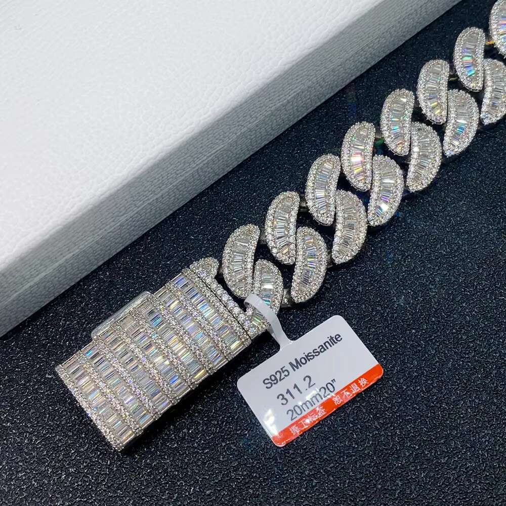 20mm Hip Hop Jewelry Baguette Pass Diamond Tester VVS Moissanite Cuban Link Chain Sterling Silver 925