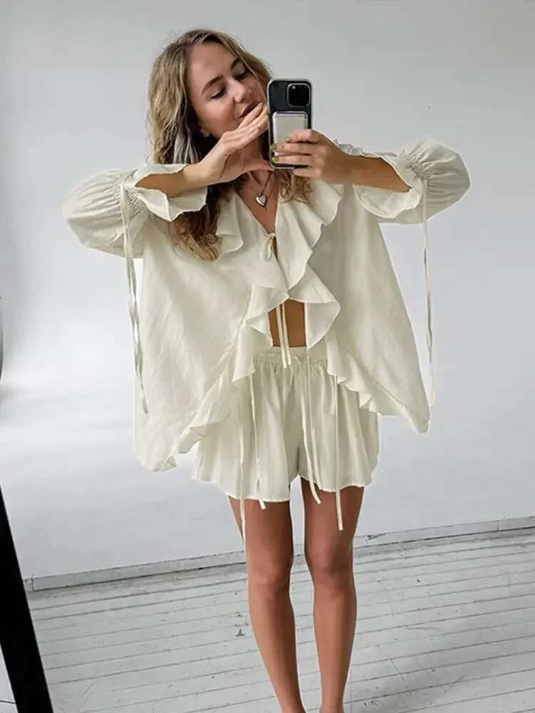 Elegant Ruffled Collar Lace Up Women Shirt Set Chic High Waist Short Female Pant Sets New Casual O Neck Solid Lady Top Suit
