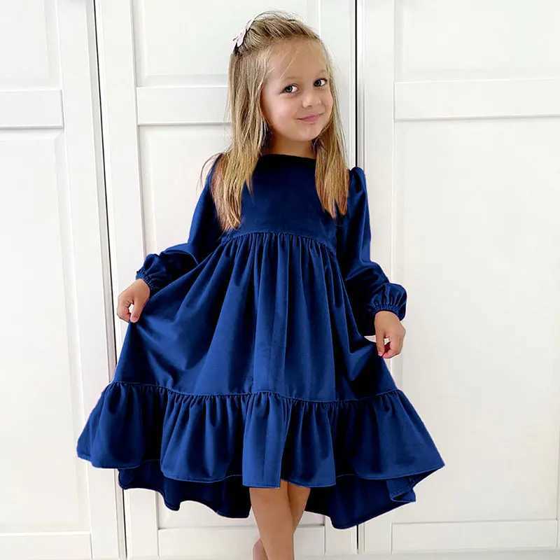 New 7-12-year-old girls spring and autumn winter velvet long sleeved pleated hem dress princess children Par dress childrens clothing W250326