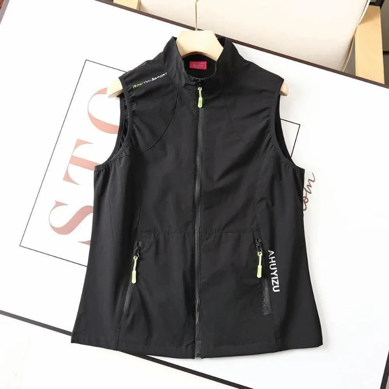 Korean Summer Womens Elastic Tank Top Solid Stand Collar Zipper Pocket Outdoor Sports and Leisure Loose Sleeveless Cardigan Top 250320