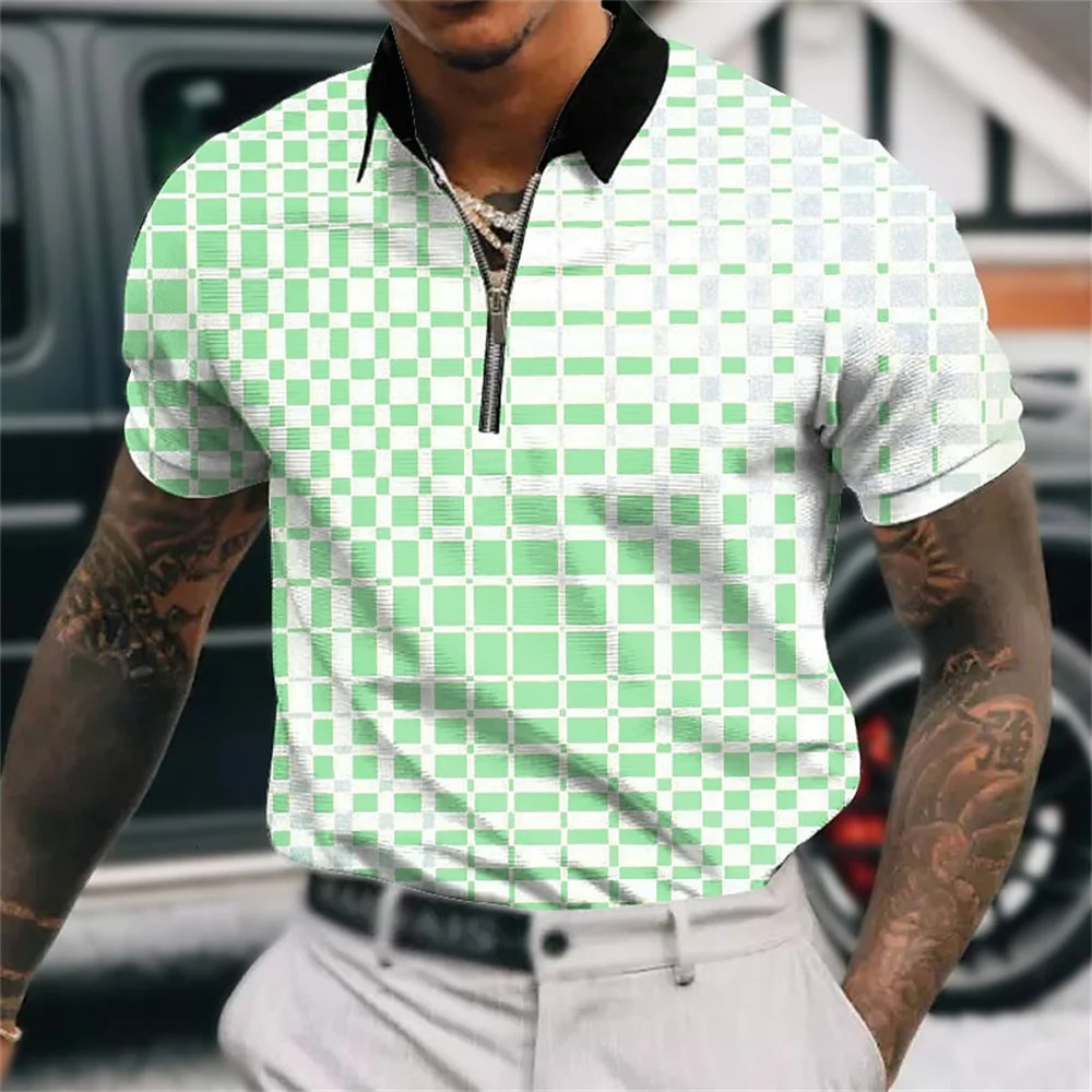 Mens polo shirt plain zipper summer short sleeved casual golf street top fashionable mens clothing 250326