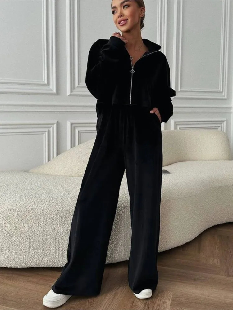 Autumn/Winter Solid Velvet Two Piece Womens Zipper Long Sleeve Sweatshirt Top Wide Leg Pants Casual Set 250321
