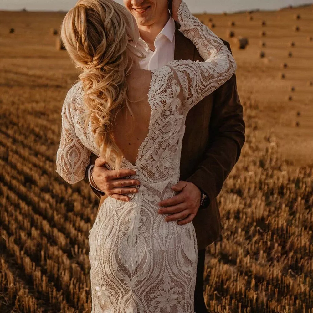Full Lace Mermaid Wedding Dresses Long Sleeves Boho Bridal Gown Sexy Backless Country Bride Dress Vestido De Novia Ivory & Champagne lining