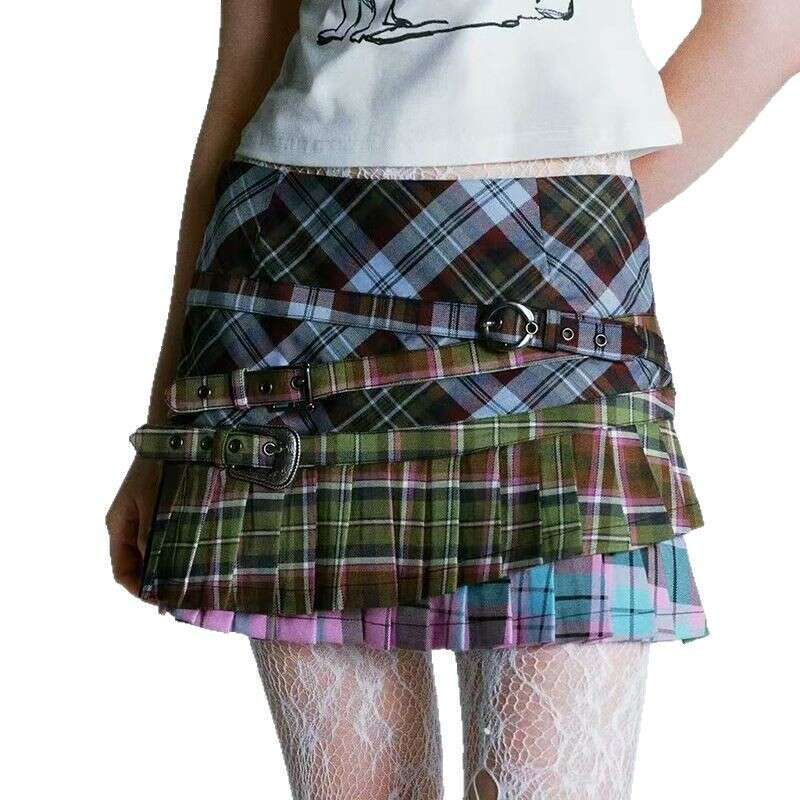 American Spicy Girl Plaid Half Skirt With Irregular Pleated Patchwork Design, Y2k Short Skirt, Women's Spring And Summer New Style