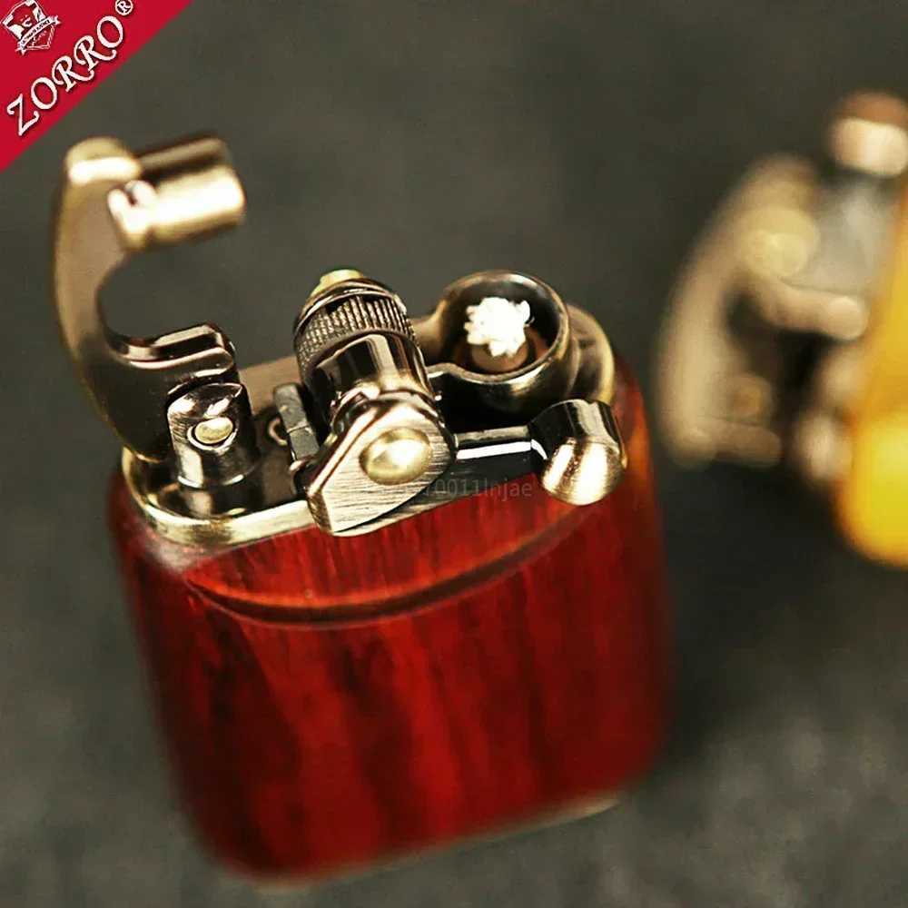 2025 Rosewood Wooden Zorro Rocker Kerosene Lighter Retro Copper Old Nine Doors Creative Mahogany Cigarette Lighter Mens GiftC250326
