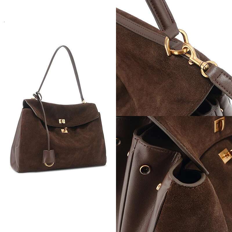 Brand Crossbody Genuine Leather Brown Suede Totes Gold Buckle Women Shoulder Bags Lady Trend Satchel