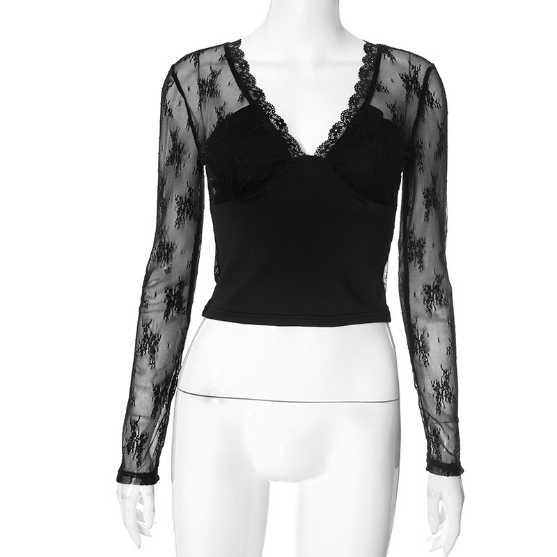 2025S Fashion Designer Q TP Women S Spring Summer New Collection Solid Color Sexy Splicing Lace T Shirt Top For Women