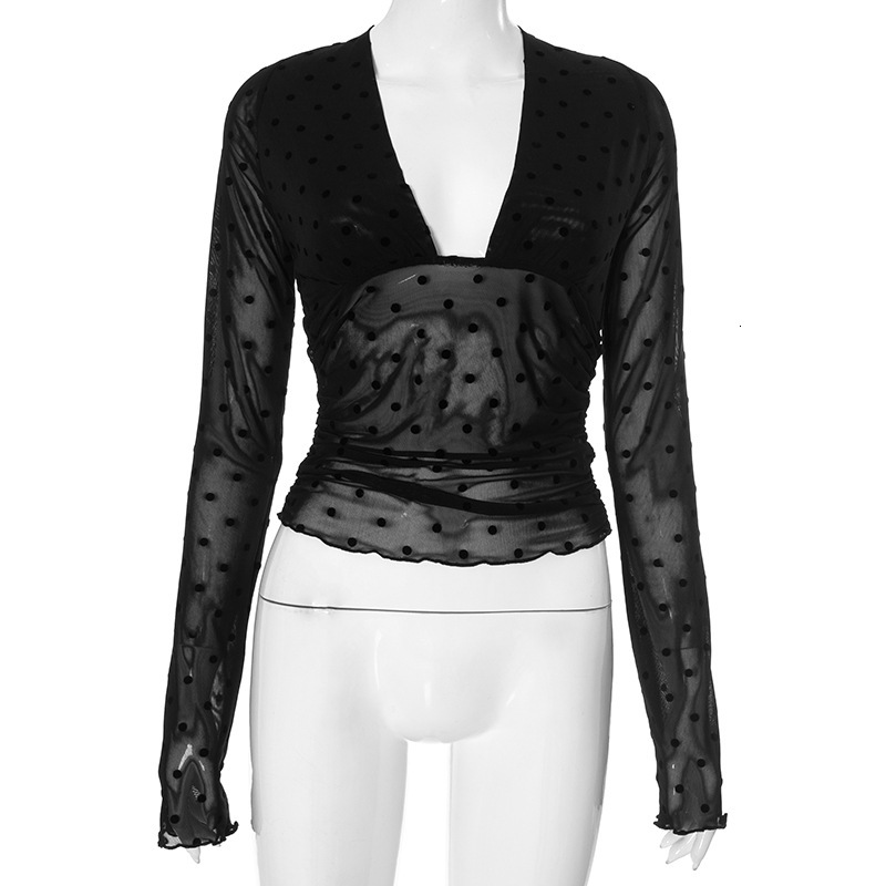 2025S Fashion Designer Q TP Women S Autumn And Winter Deep V Neck Up Backless Polka Dot Lace See Through Patchwork Top T Shirt