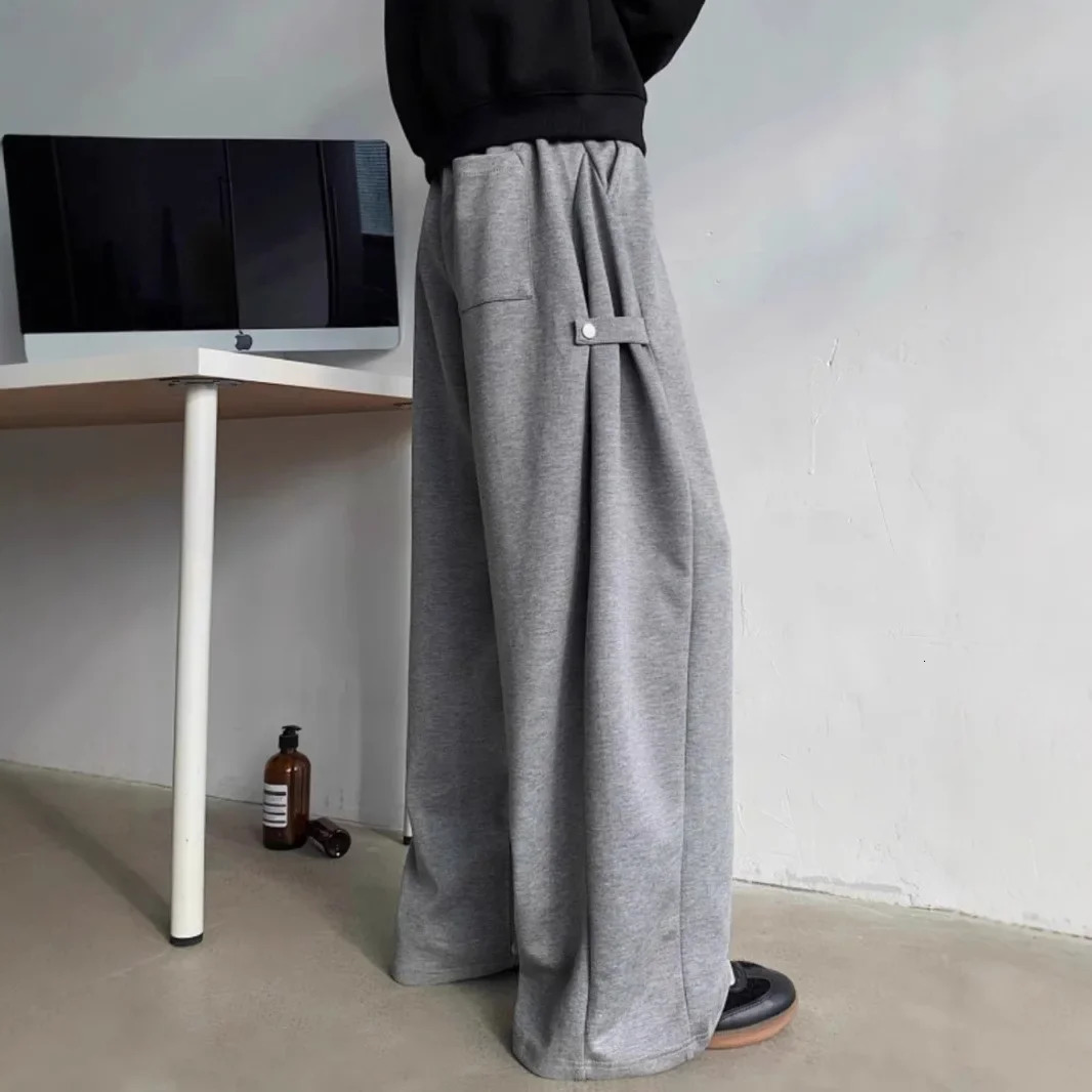 Grey heavyduty mens pants springsummer American style streetwear straight leg wide drawstring casual sports 250326m