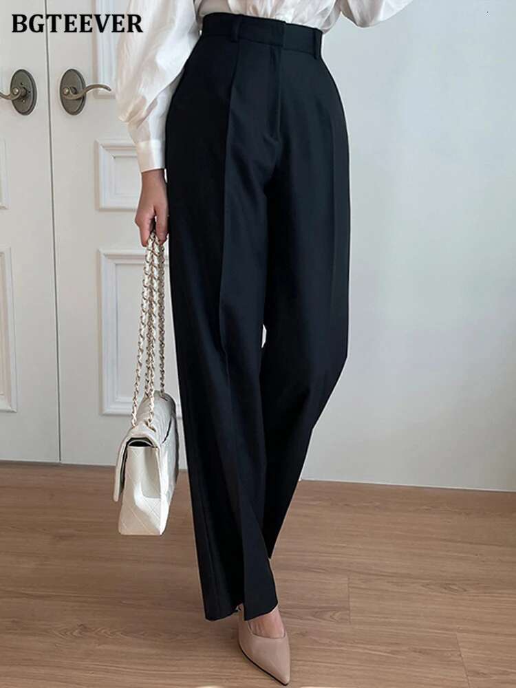BGTEEVER Elegant High Waist Pockets Wide Leg Suit Pants Women Spring Autumn Loose Solid Straight Trousers Female