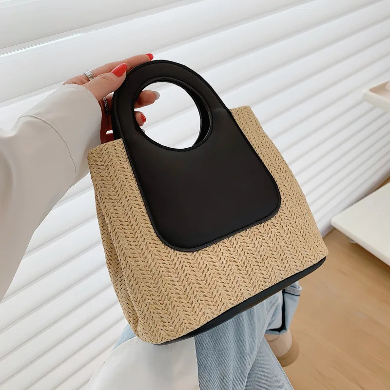 Summer Vintage Straw Bag with Color Block Splicing Hand-Woven Bag Large Capacity Simple and Fashionable Top-Handle Bag Handbag 250325