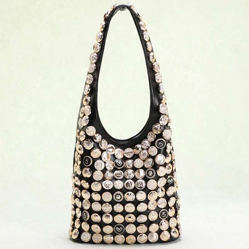 Brand Diy Button Shoulder New Genuine Leather Lady Sier Dot Rivet Large Capacity Bucket Bag Hand-Sewn High-End Handbag