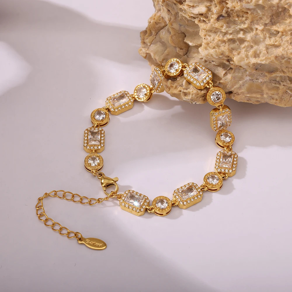 Fashionable Round Square Zircon Gold Plated Bracelet for Women Stainless Steel Bracelet Vintage Daily Charm Jewelry Gift 250326