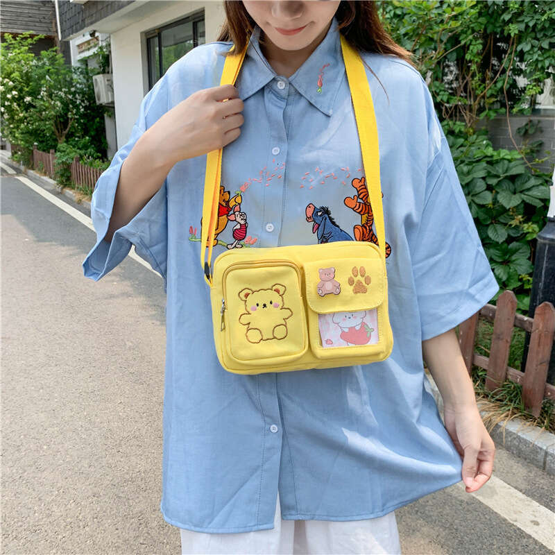 Canvas small ins antique, cute, funny and personalized embroidered bear student transparent crossbody bag