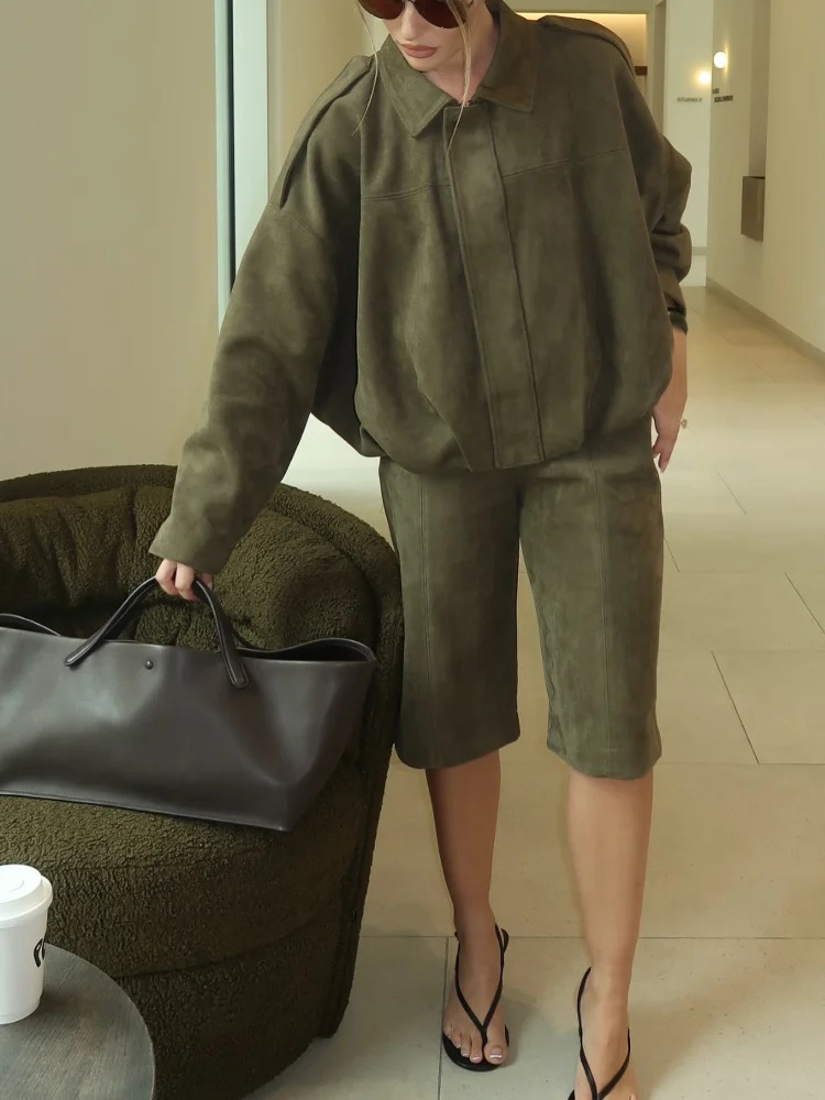 Suede Casual Jacket Women Zipper Turn-on Collar Oversized Long Sleeve Spring Coat Female Green Street Lady Outwear Tops 250321