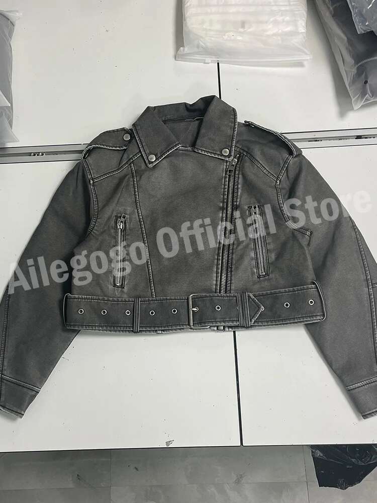 Aigo Women Vintage Loose Washed Faux Leather Short Jacket Streetwear Female Zipper Belt Moto Biker Retro Coat Outwear Tops