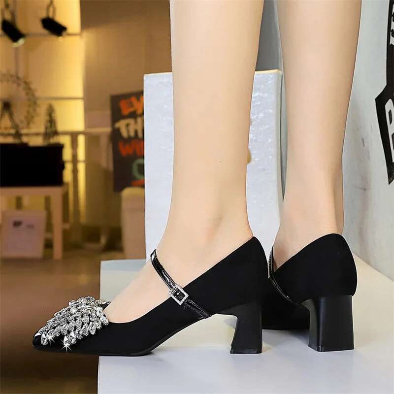 2025 Summer New Bow Tip Buckle Sexy Designer Fashion Slope Heel Shoes Women's Square Toe Solid Color Thick Heel 5