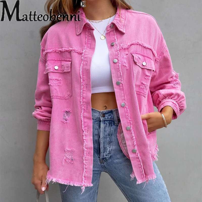 Sweet Color Splicing Pocket Denim Jacket Female Fashion Streetwear Lapel Long Sleeves Single-Breasted Cardigan Loose Women Coat