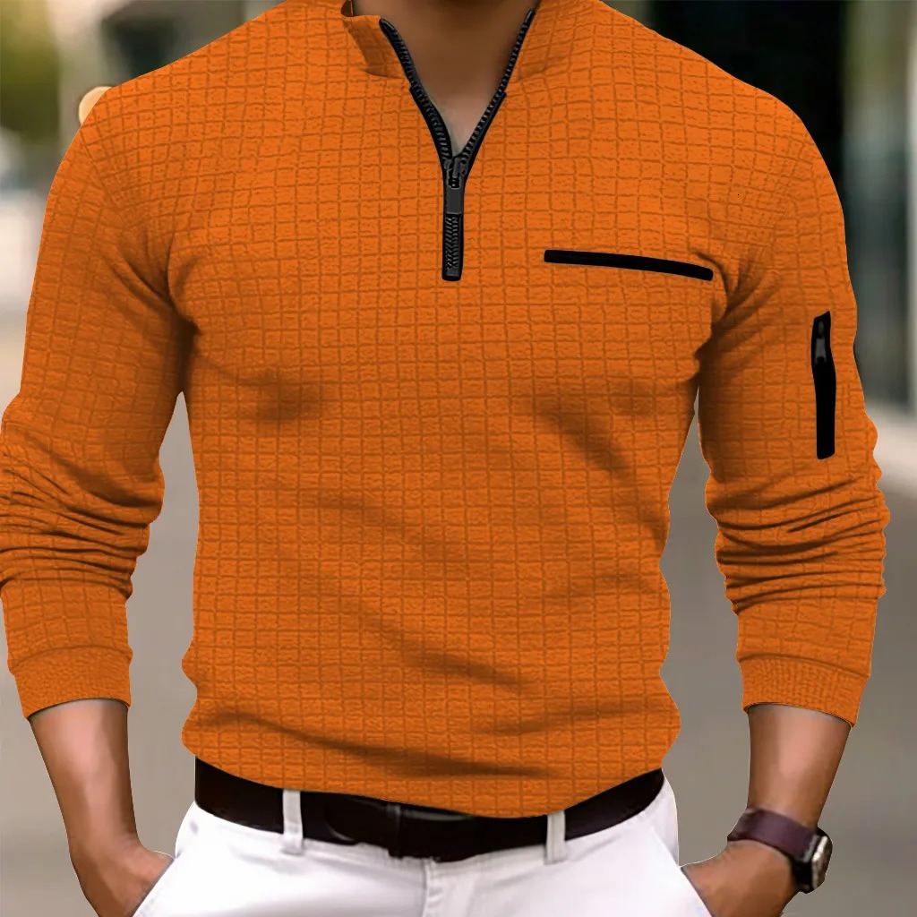 European and American mens sports casual shirt long sleeved checkered polo slim arm zipper 250326