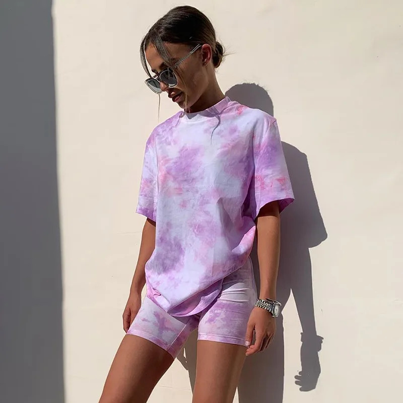 womens pajamas home clothes womens fashionable tie dye loose and thin casual T-shirt short casual home clothes 250320