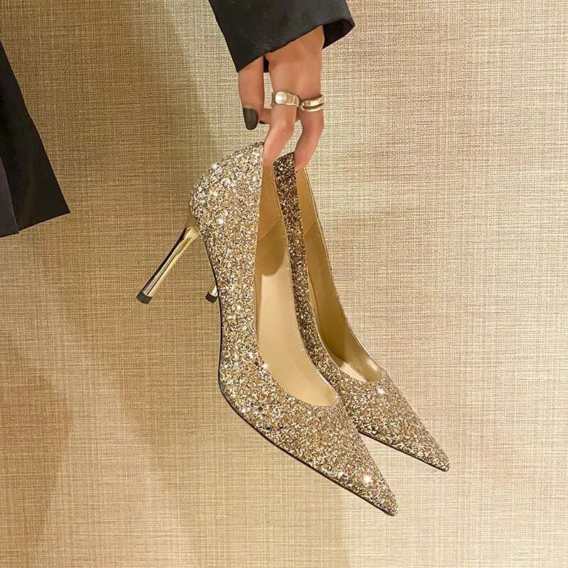 2025 Summer New Women's High Heels Shining Designer Fashion High Heels Wedding Bridal Gold Shoes Atos Mujer