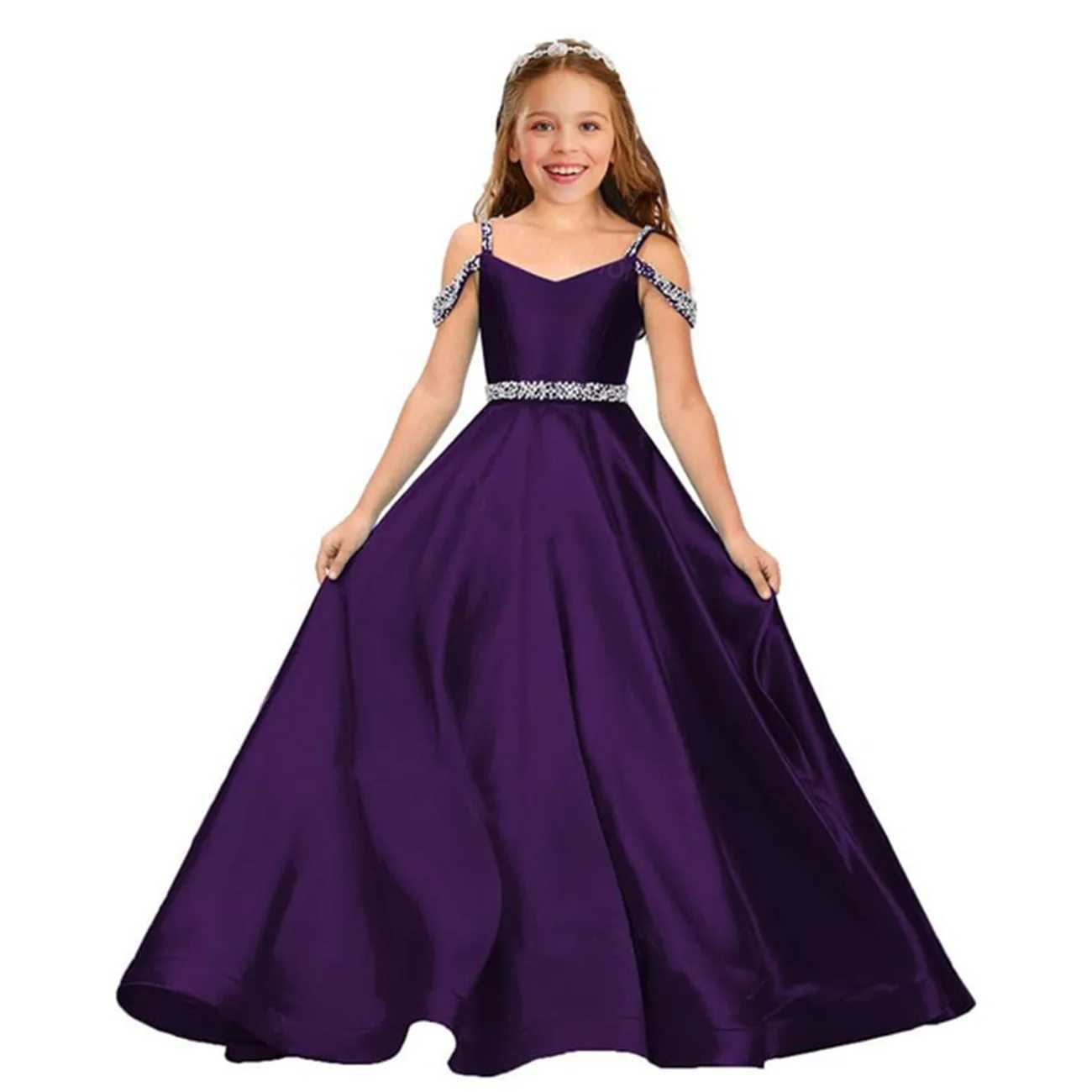 Elegant satin childrens wedding Par dress with long beaded shoulders birthday flower girl dress formal evening gown W250326