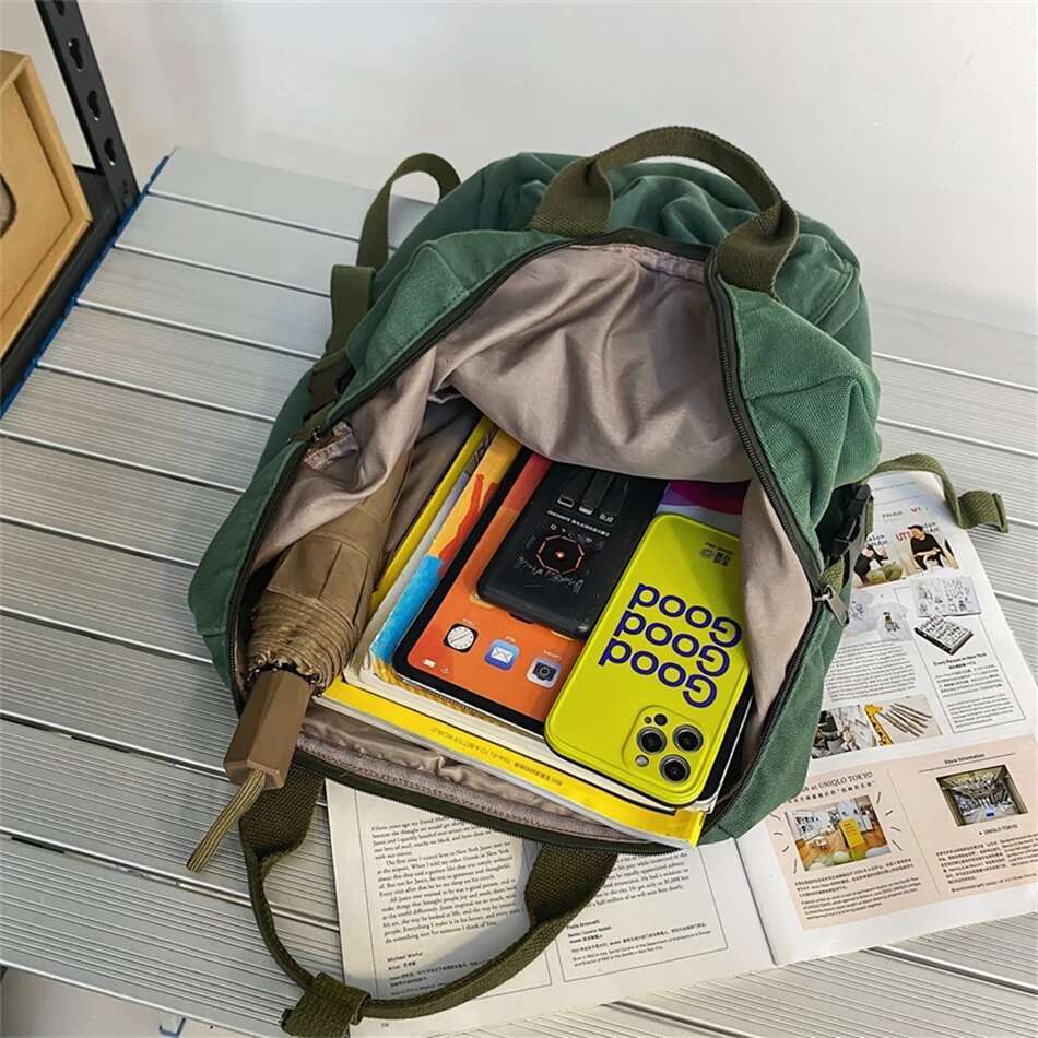 New Solid Color Women Canvas Backpack Vintage School For Teenage Girl 2024 Outdoor Travel Handbag Purses Book Bag Rucksack
