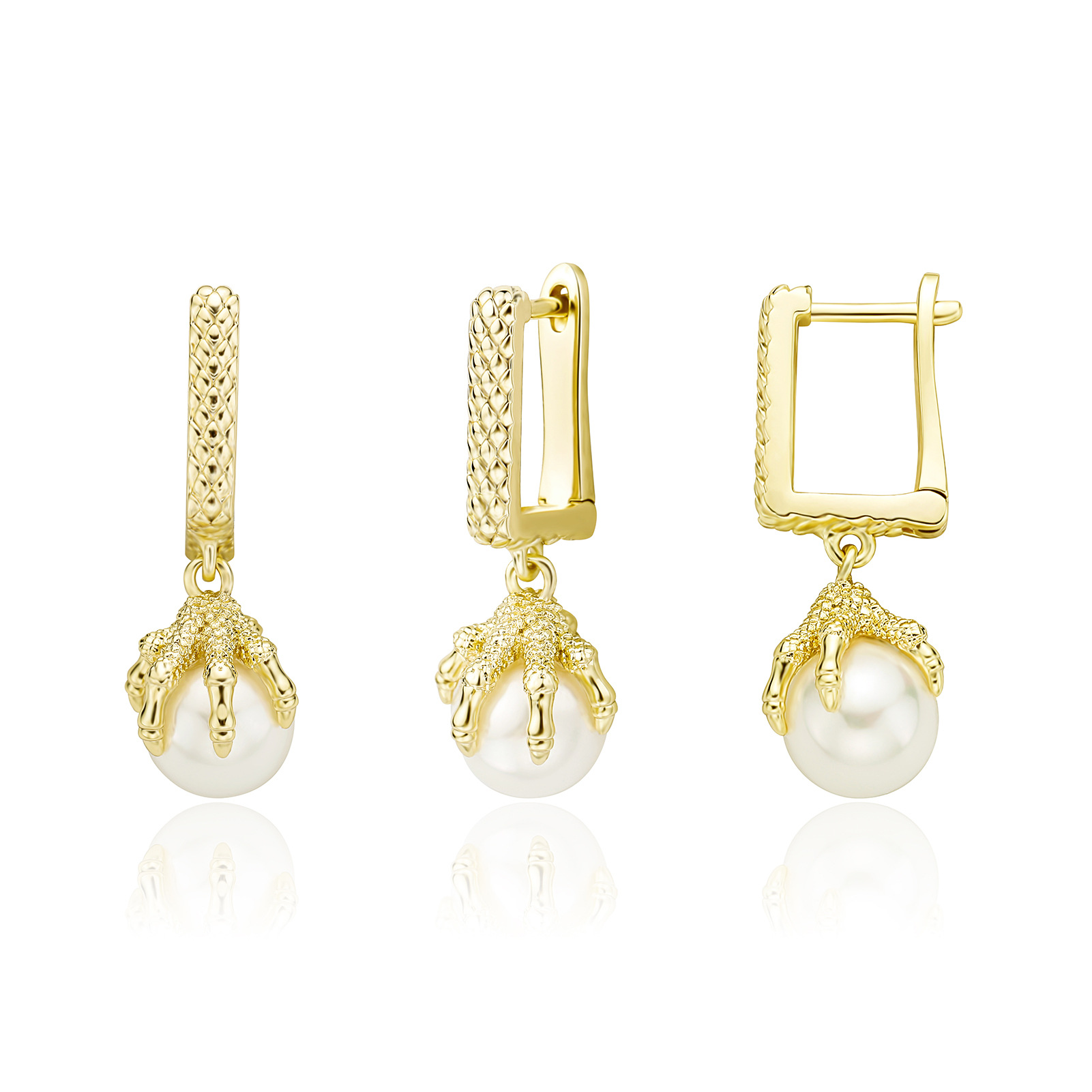 Hip Hop TopBling Chinese Dragon Claw Hoop Earrings Pearl Earring 14K Gold Plated Jewelry