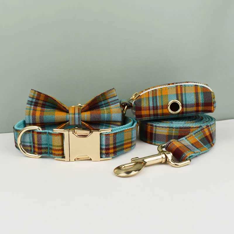 High quality custom design cotton pet accessories personalized dog collar belt harness bow set manufacturer grid 13-02 X250326