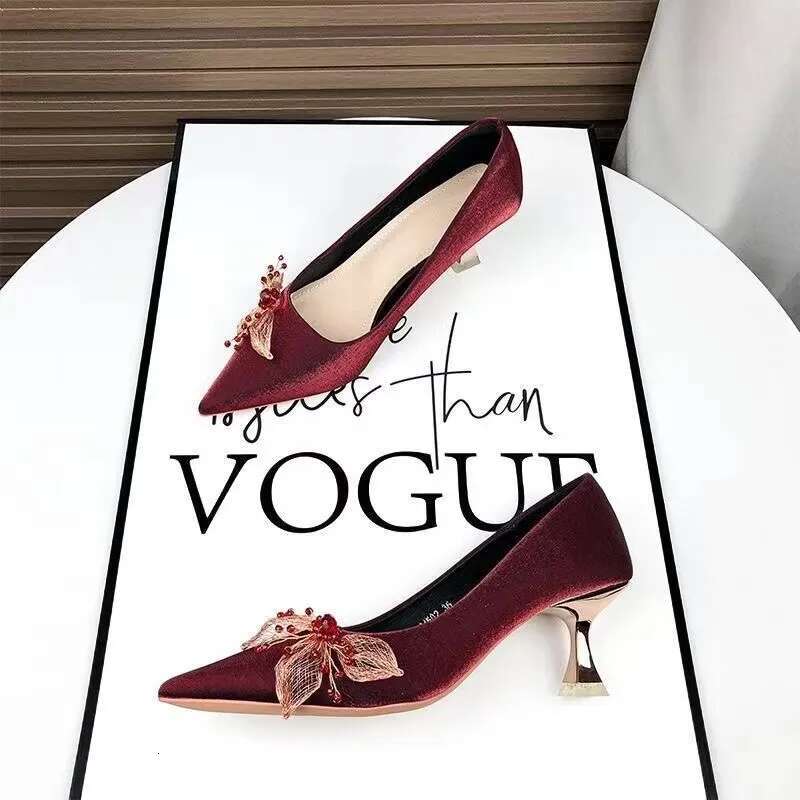 2025 Summer New Women's Single Shoes with Thin Heel, Combined Toe, Pointed Bow shaped Anti slip Wine Red Designer Fashion Low Top Shoes