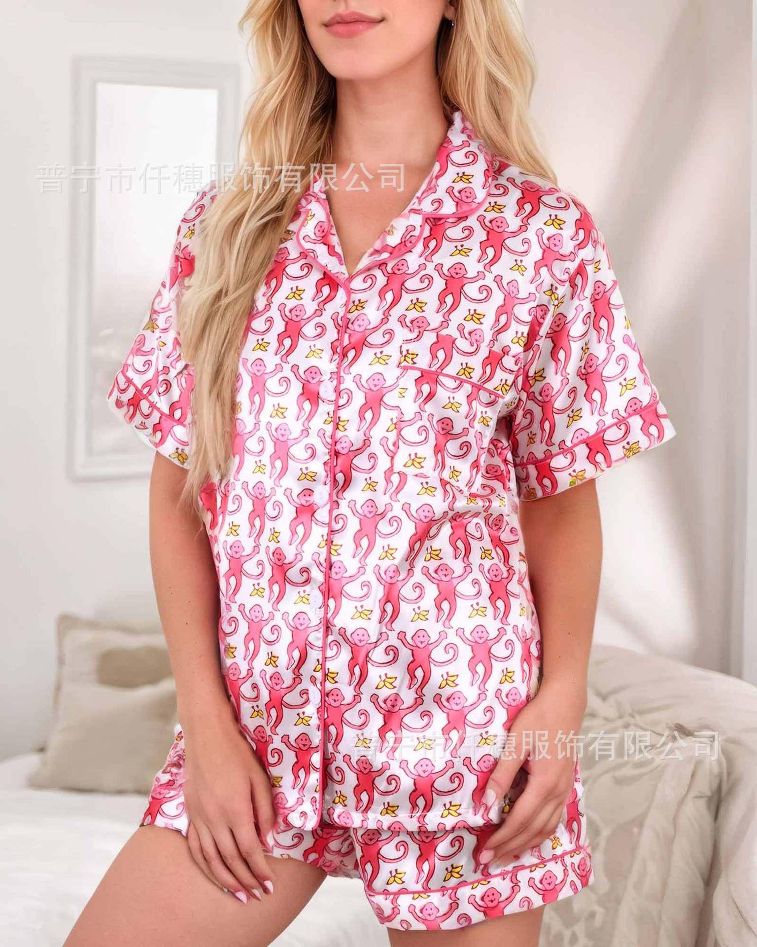 Summer Monkey South Korean Silk Print Set, Women's Pajamas, Large Size Home and Parent Child Residential Clothing