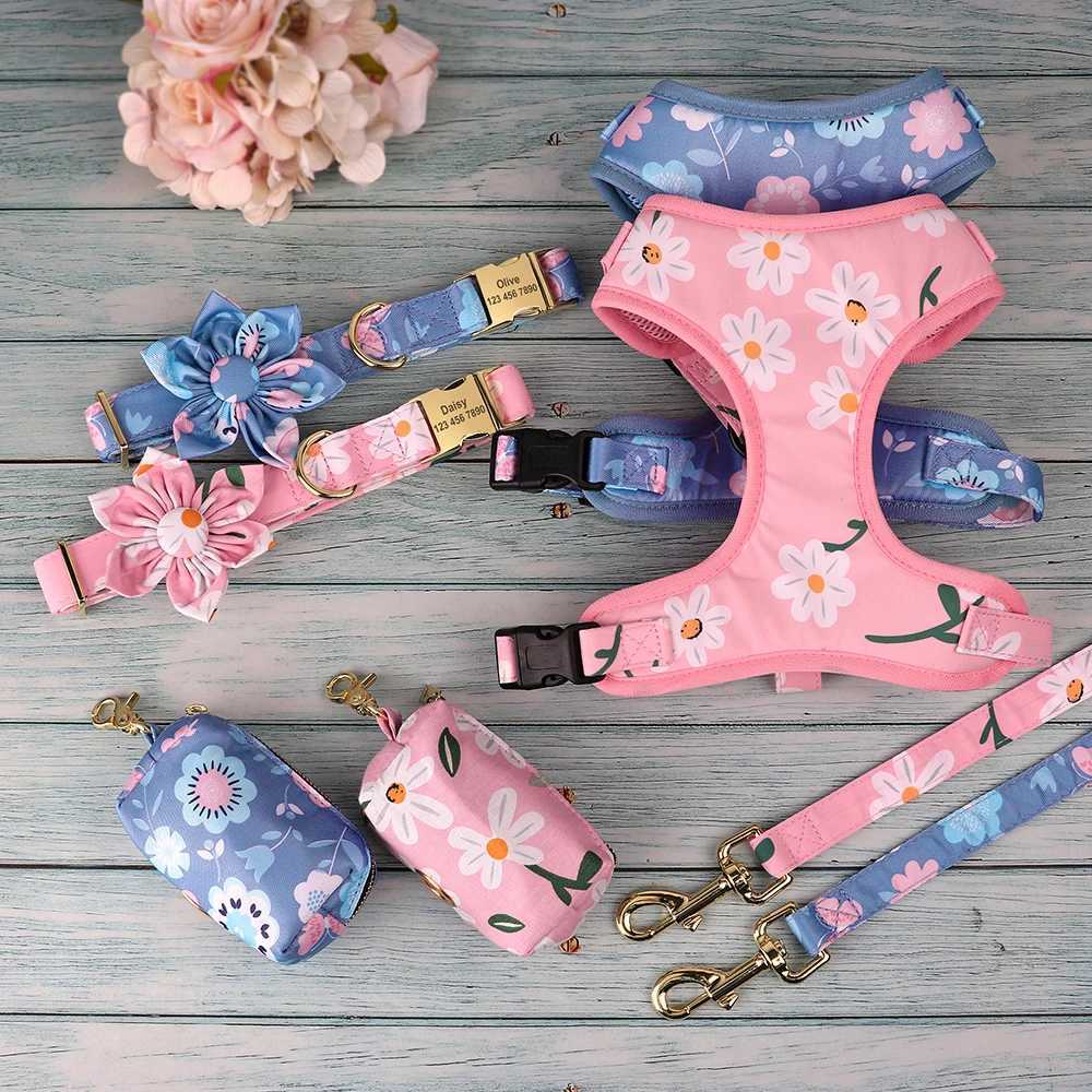 3/4 personalized dog collars harnesses treatment bags floral pets carved collars breathable harnesses suitable for small and large dogs X250326