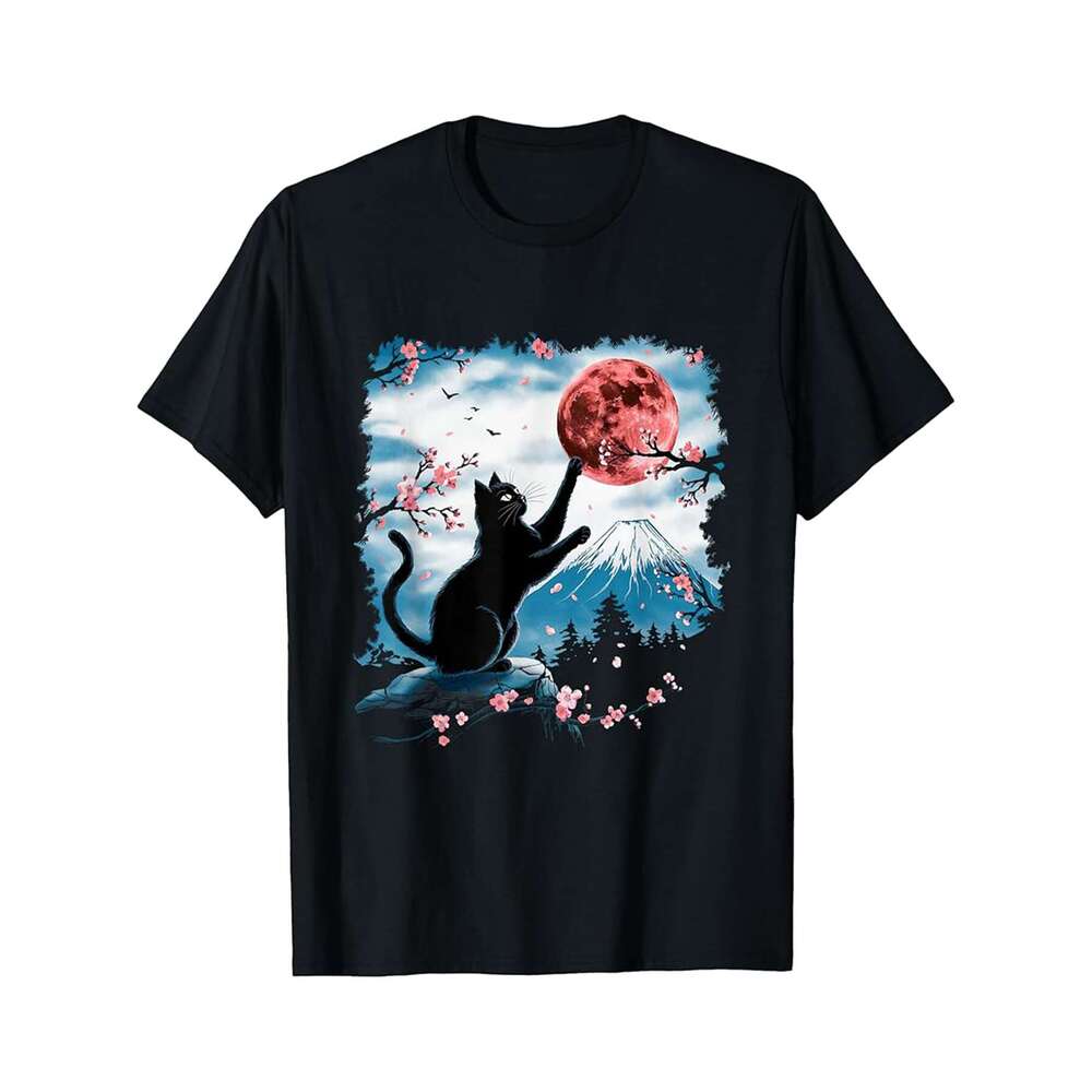 Designer T shirt Vintage Cat Cherry Blossom Japanese Mountain Graphical Art - 220g Tshits