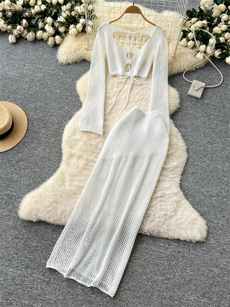 SINGREINY Backless Knitted Two Pieces Suits Women Hollow Out Lace Up Long Sleeve Mini TopsBodycon Skirt Sexy Summer 2pcs Set 250324