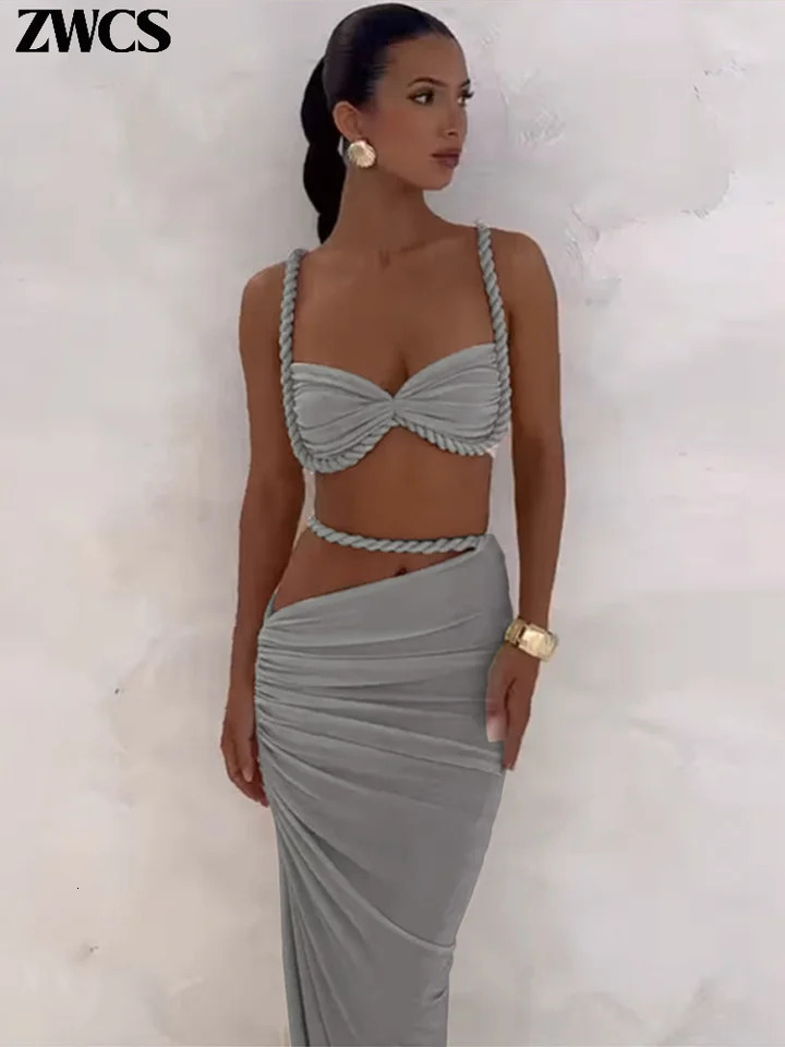 Sexy Hollow Out Skirts Set Women Solid Twisted Sleeveless Backless Tops Hip Package Pleated Long Skirt 2025 Lady Chic Outfit 250324