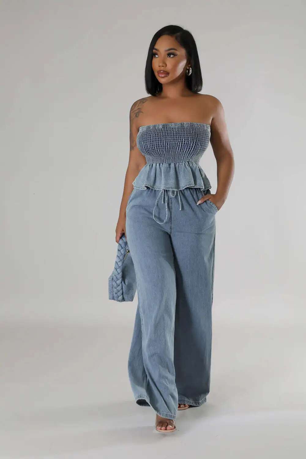 Jeans Wide Leg Pants Outfit Sexy Women Two Pieces Elegant Denim Club Matching Set Ruffles Top+Trousers