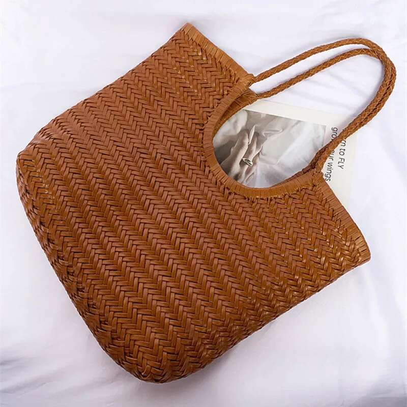 French Holiday Style Handmade Cowhide Weaving Casual Shopping Bag Vintage Big Tote Purse Cowhide Cross Hand Bags Lady