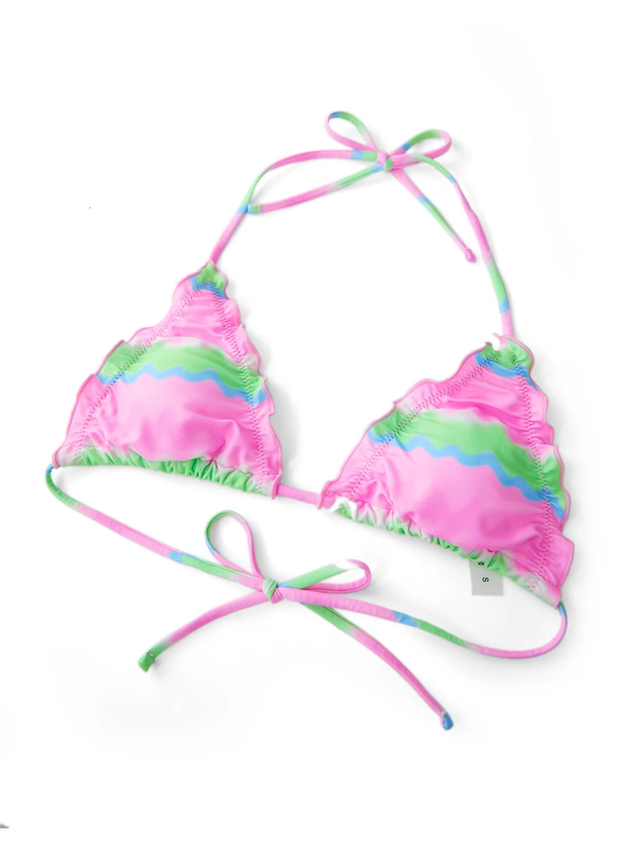 Women Lettuce Edge Bralette Bikini Swimsuit Sets Y2k Coquette Floral Print Halter String Triangle Bathing Suit Beach Swimwear 250324